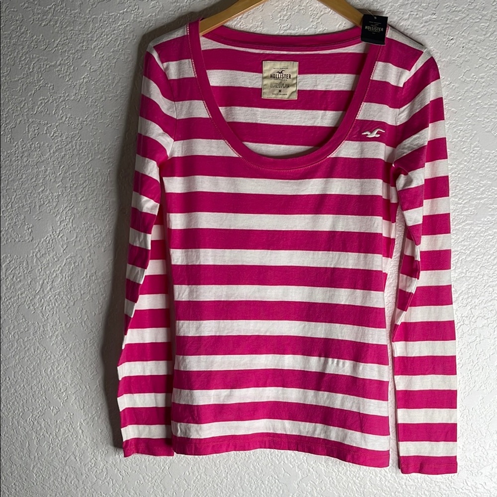 Hollister Pink and White Striped Long Sleeve Top